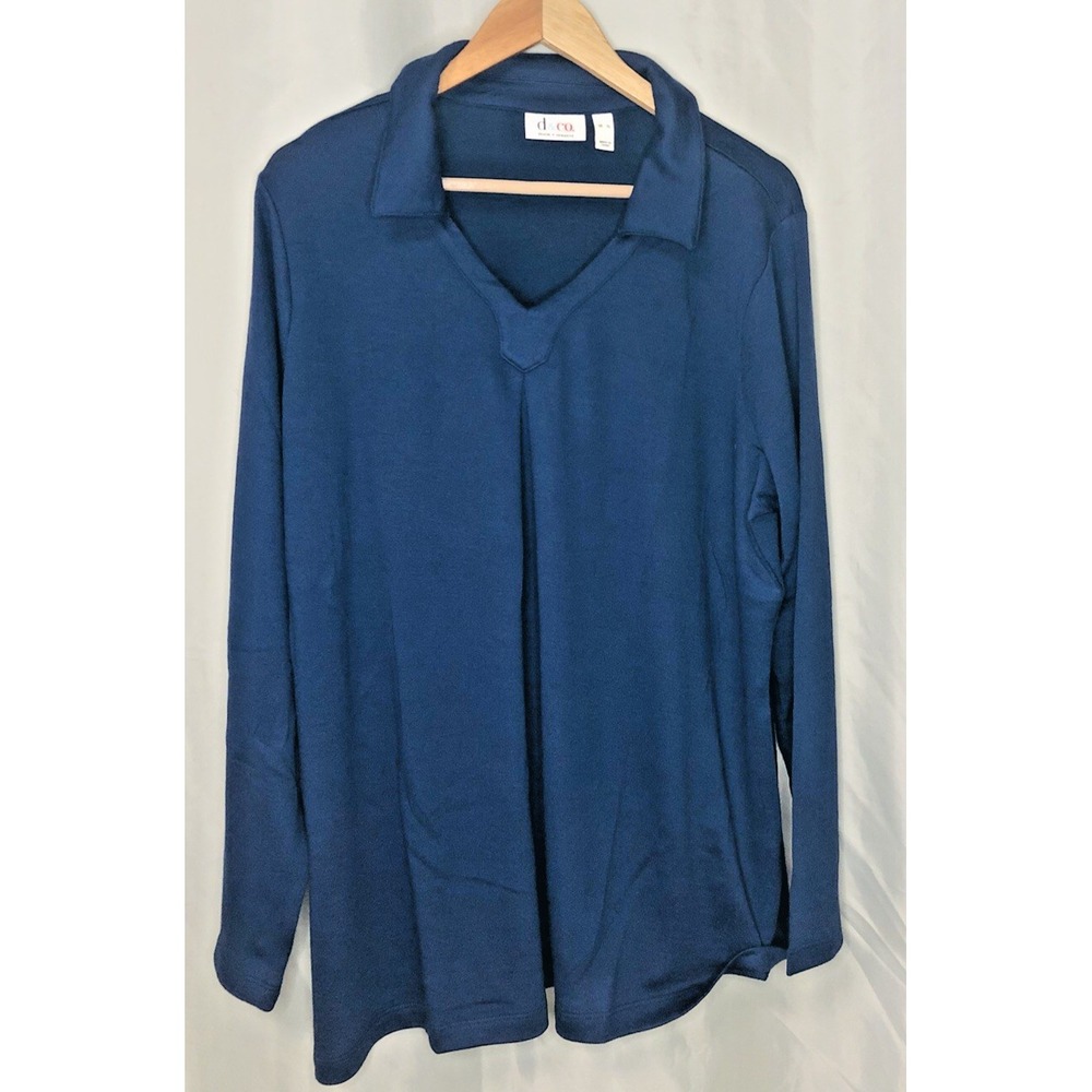 D & CO. Woman Sz XL Bright Navy Long Sleeve Top V Neck Collared NEW IN BAG